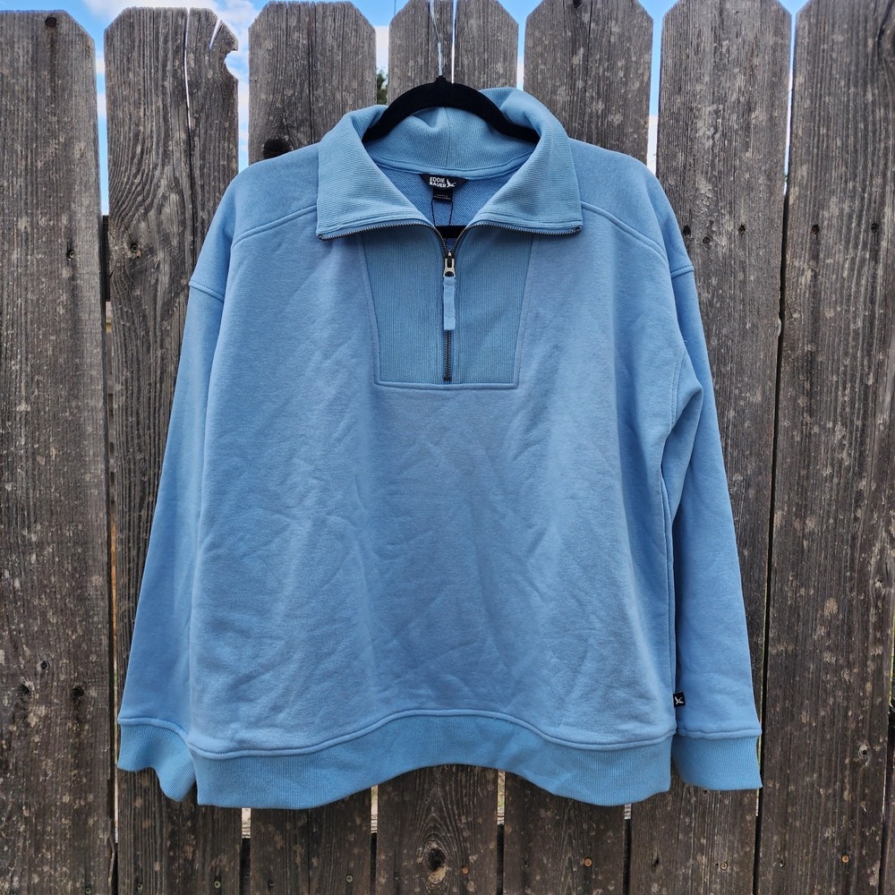 Eddie Bauer Womens L Blue Drop Shoulder Quarter Zip Pullover Cotton Blend NWT